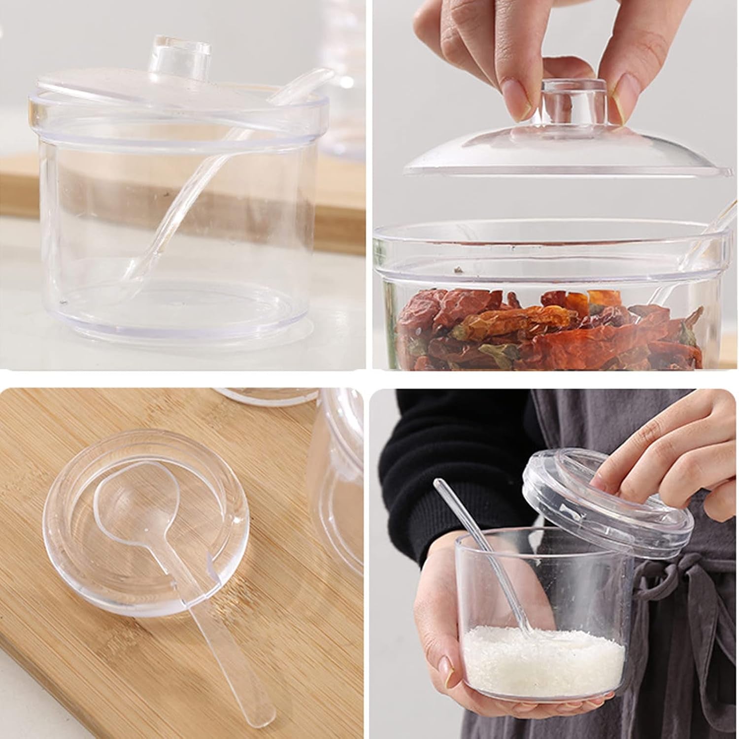 Set of 4 Clear Acrylic Sugar Bowl with Lid Salt Spoon Storage Sugar Jar with Lid for Sugar, Salt, Tea, Spices, Herbs, Condiments