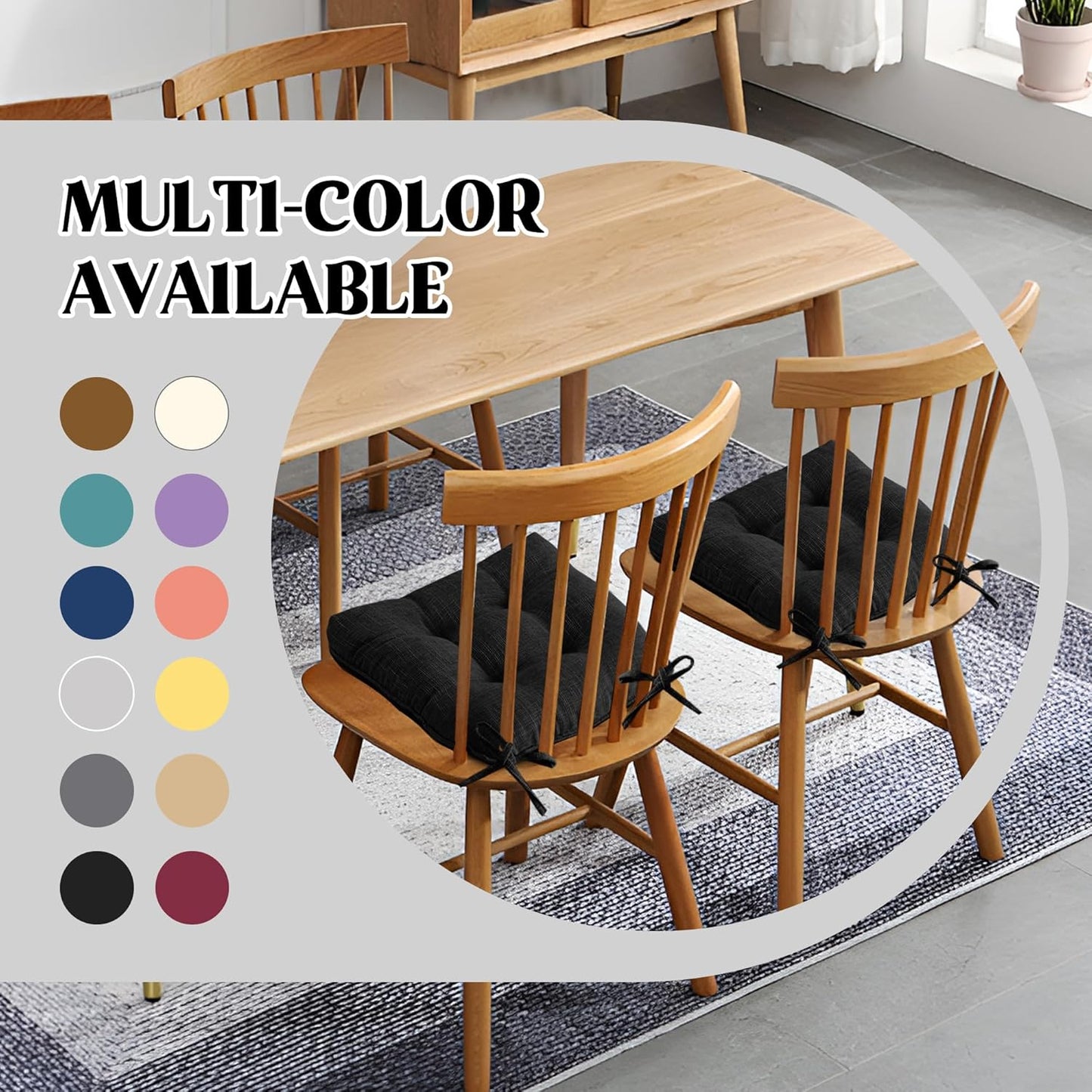 ® Chair Cushions for Dining Chairs, Tufted Memory Foam Chair Pads with Non-Slip Backing, Kitchen Seat Cushions with Ties, Washable Seat Pad Set of 4, 15.5" X 15.5" X 4", Black