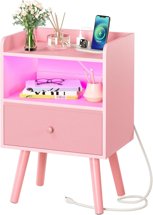 Nightstand with Charging Station, Modern Night Stand with LED Lights, Wood Nightstands with Fabric Drawer & Storage Shelf, Night Stands Bedside Table with USB Ports for Bedroom, Office, Home