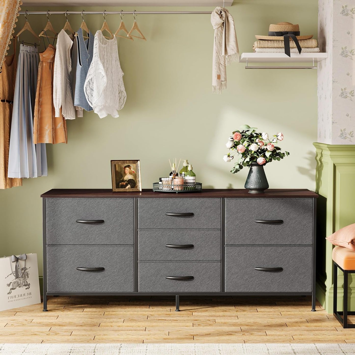7-Drawer Fabric Dresser and TV Stand, 47-Inch Wide Chest for 43-55 Inch TVs, Metal Frame, Dark Grey, Ideal for Bedroom and Clothing Storage