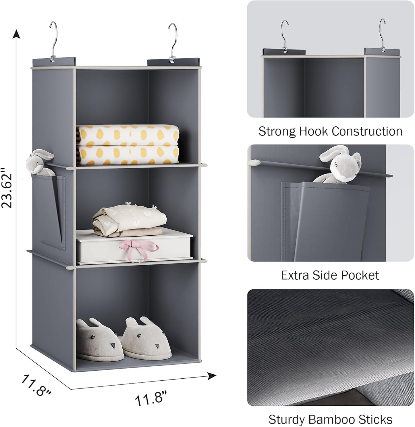 Hanging Closet Organizer, 3-Shelf Closet Hanging Storage Shelves, Grey