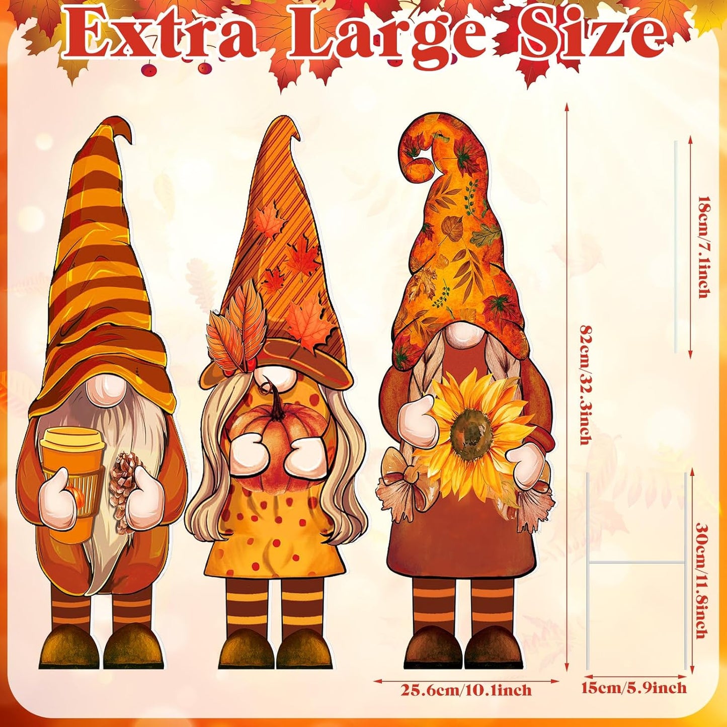 Set of 3 Autumn Gnome Yard Signs with Stakes - 32 x 10 Inches Outdoor Fall Garden Decor for Home Pathways and Walkways (Pumpkin Design)