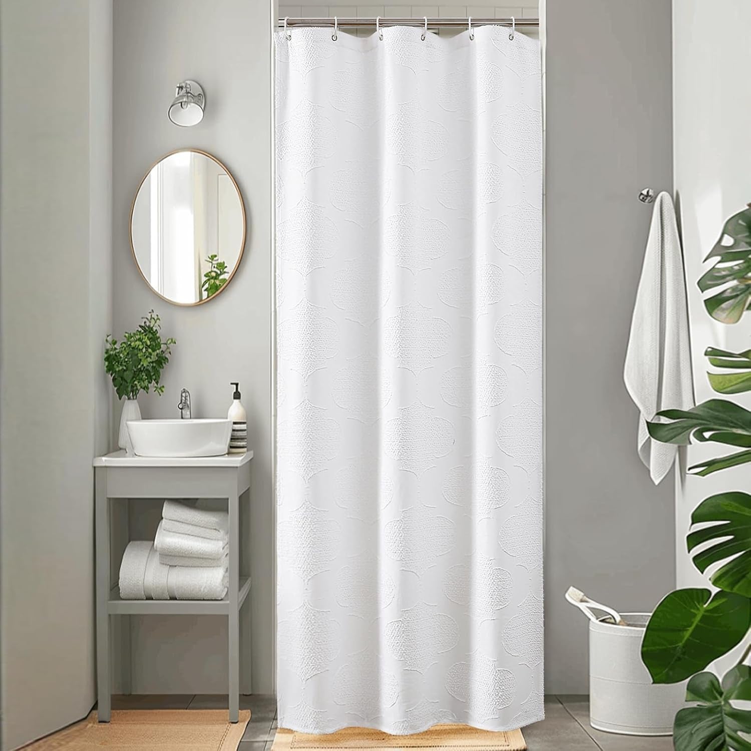 White Shower Curtain Set for Bathroom, 36" Stall Small Boho Design with 12 Hooks, Soft Lightweight Jacquard Fabric, Machine Washable, 36 W X 72 L