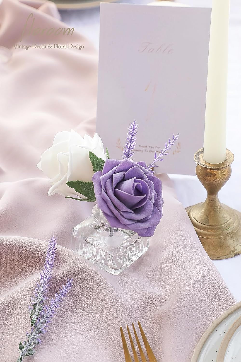 Artificial Purple Lavender - Set of 4 Flocked Faux Lilac Flowers for Wedding Bouquets, DIY Table Centerpieces, and Floral Arrangements