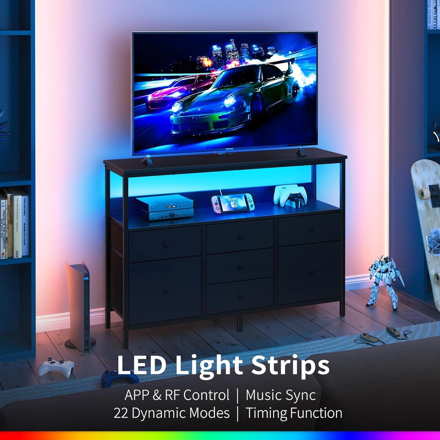 LED TV Stand for Bedroom, 50 Inch Kids Dresser with Power Outlets, 7 Drawers Entertainment Center with Storage Shelf, TV Stands Dresser for Bedroom, Living Room, TV Console Entertainment Stand