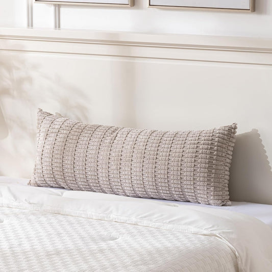 Taupe Long Lumbar Decorative Throw Pillow Covers 14X36 Inch for Bed Couch Bed Sofa, Rustic Farmhouse Boho Room Decor, Soft Striped Corduroy Rectangle Cushion Case 35X91 Cm