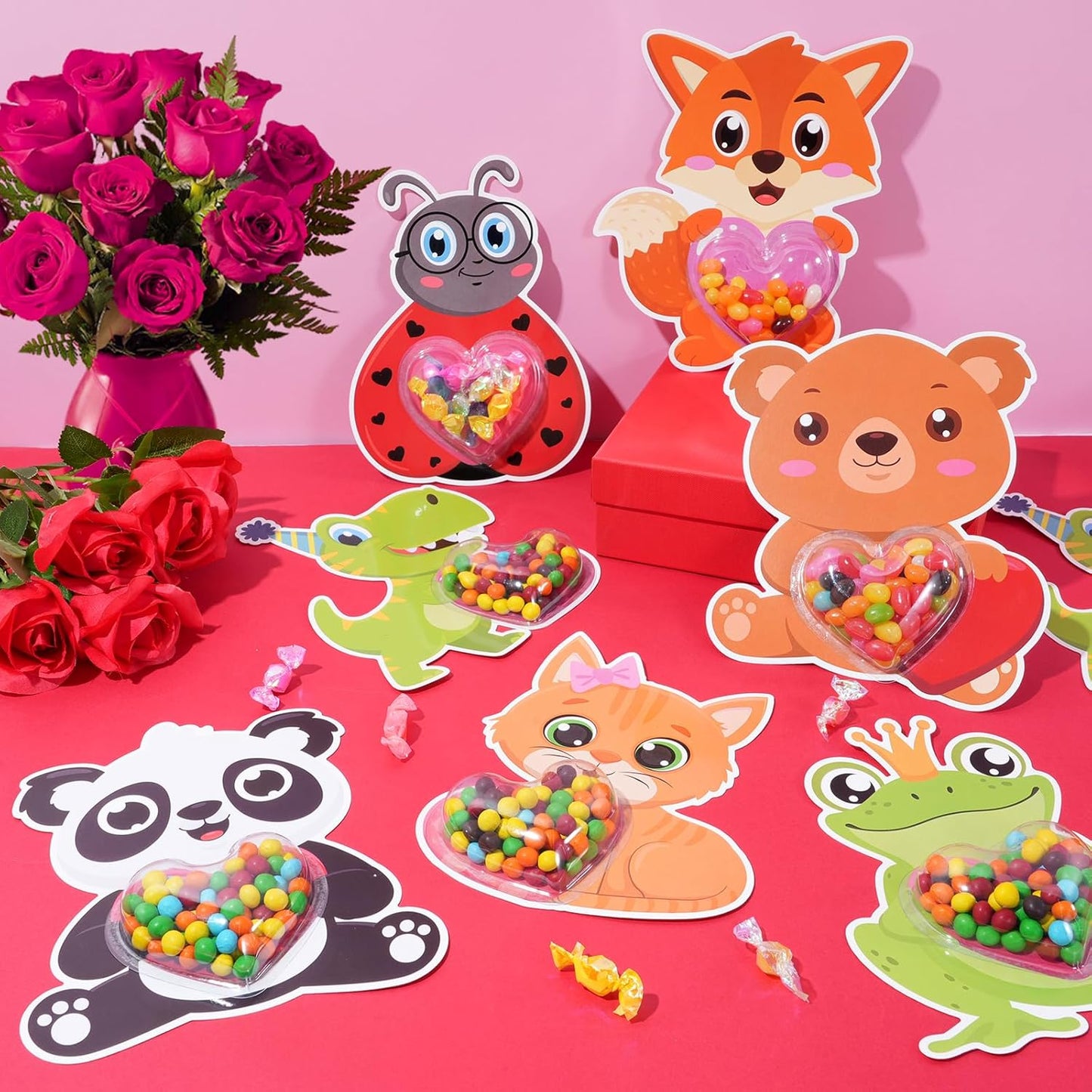 36Set Valentines Day Cards with Candy Dome Holders, Cute Animal Valentines Candy Holder Cards for Kids, Funny Valentines Exchange Greeting Cards DIY Gift Box School Classroom Crafts Prize Party Favors