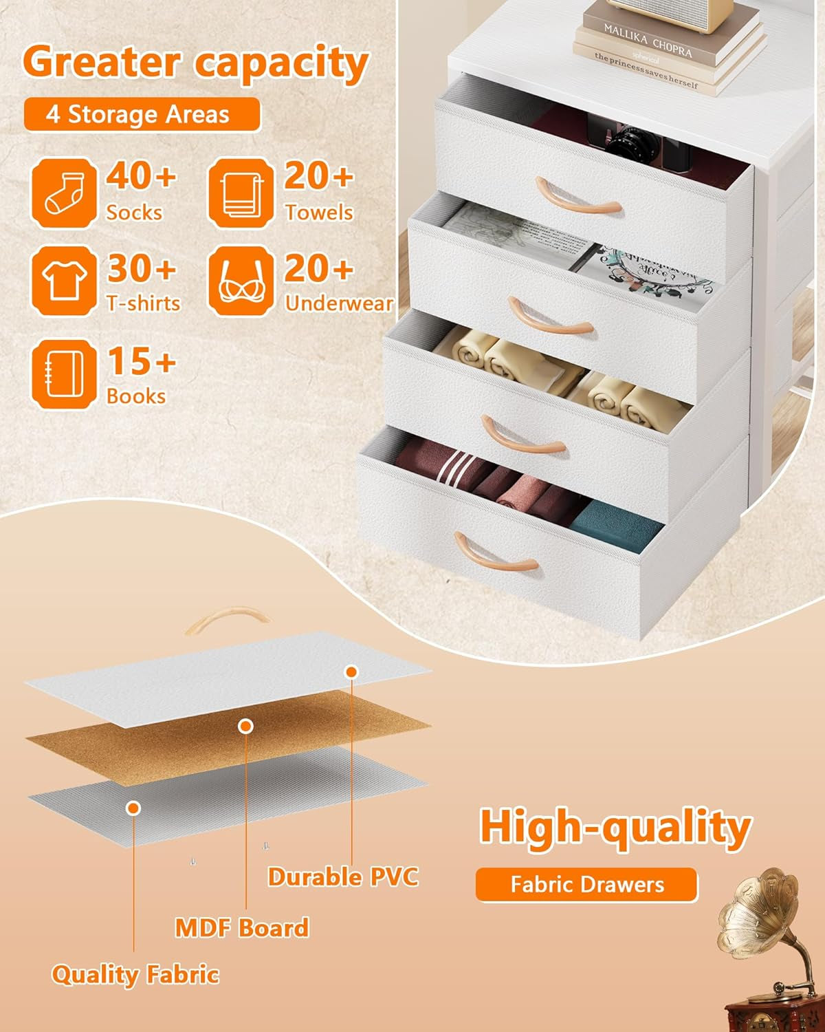 White Tall Nightstand with Charging Station and LED Lighting, Multifunctional Bedside Table with 4 Fabric Drawers, Metal Frame and Wood Shelves for Bedroom, Office, and Hallway