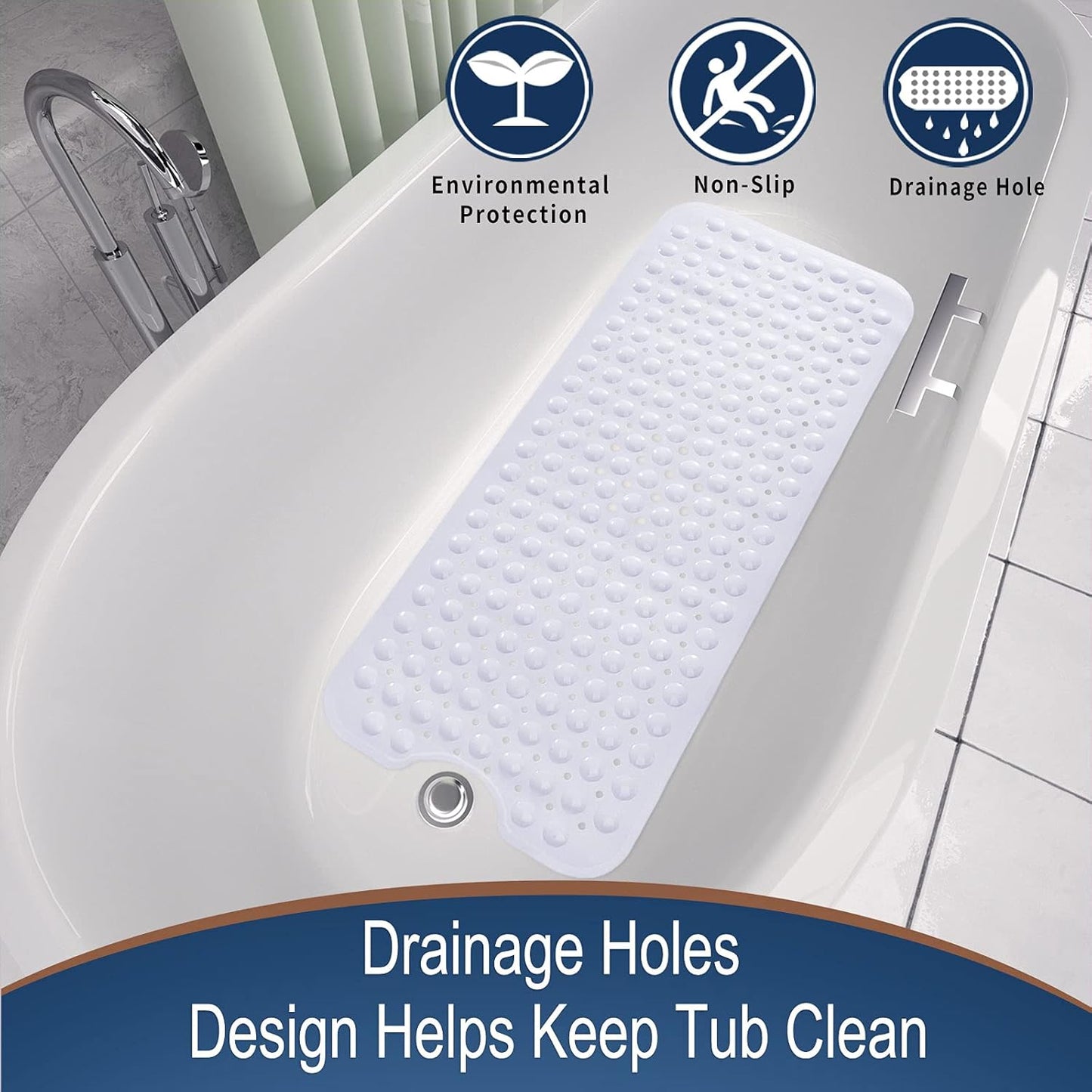 Original Bathtub Mat Non Slip, Extra Long Mat for Tub with Big Suction Cups and Drain Holes, Machine Washable Tub Shower Mats for Bathroom 16 X 40 Inches, Phthalate Latex Free, White