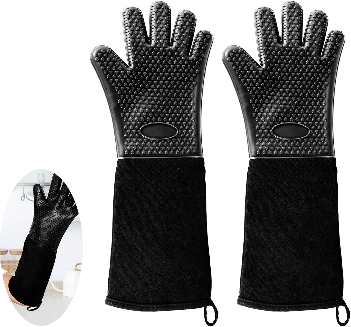 1 Pair 19.7 Inch Extra Long Silicone Oven Mitts, Heat Resistant Oven Gloves with Quilted Liner Non-Slip Textured Grip Perfect for BBQ, Baking, Cooking and Grilling (Black)