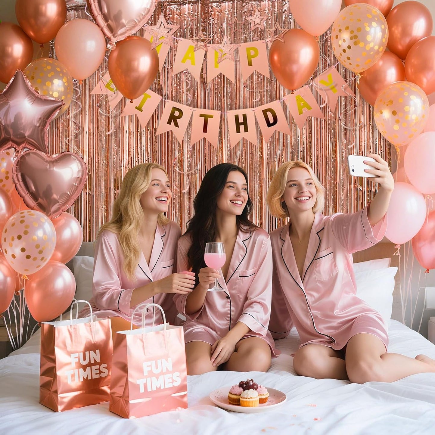 Rose Gold Happy Birthday Party Decorations for Girls, Happy Birthday Banner, Rose Gold Fringe Curtain, Hanging Swirls, Heart & Star Foil Balloons, Confetti Latex Balloons, Party Supplies for Women