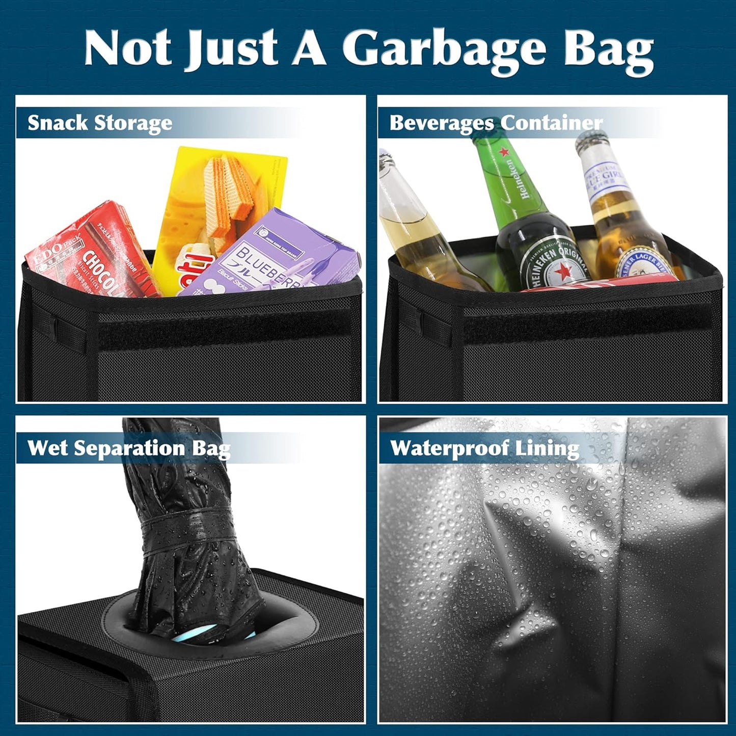 Leak Proof Car Trash Can with Lid - Waterproof Automotive Garbage Bin for Suvs, Collapsible and Portable Car Trash Bag, Black
