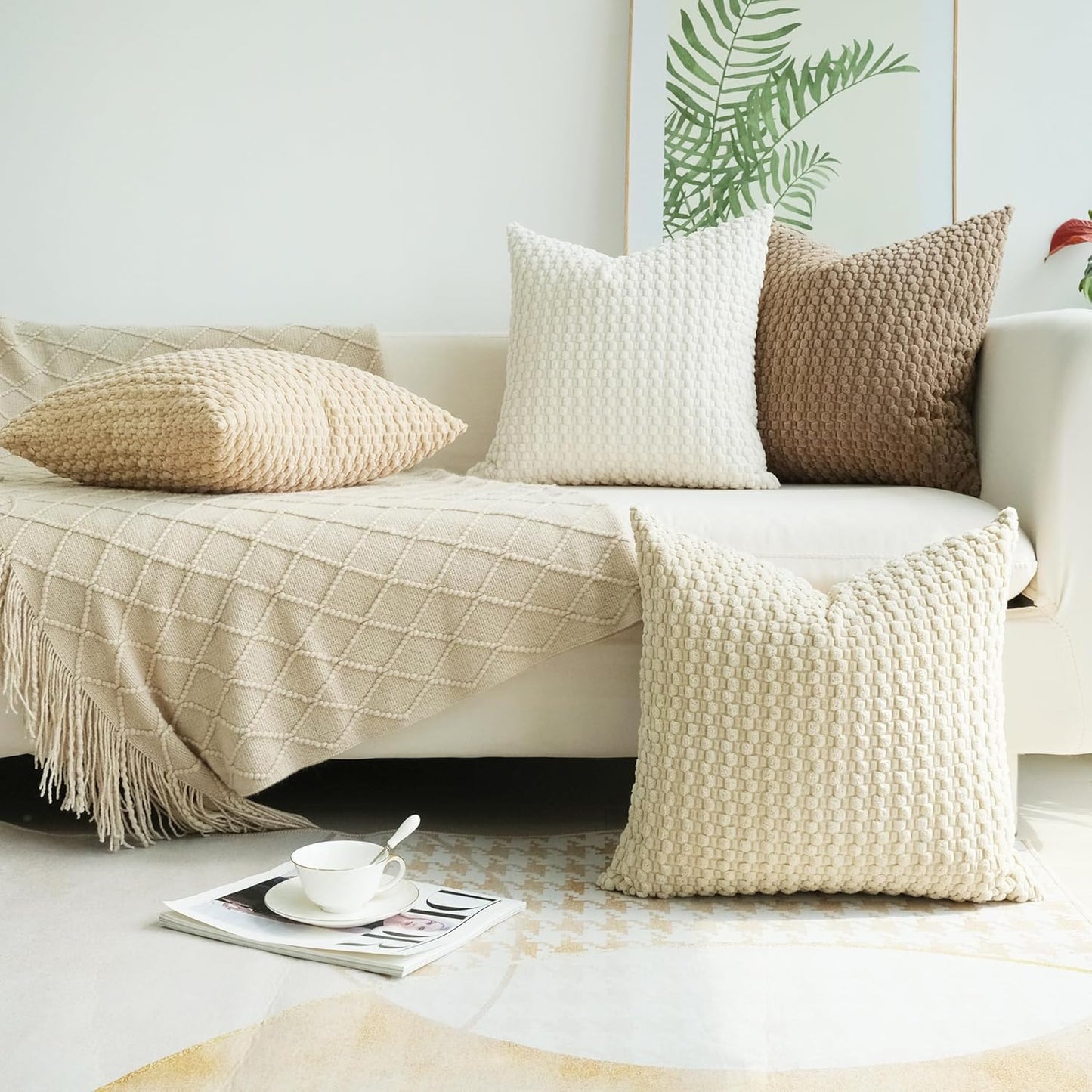 Pack of 4 Neutral Decorative Throw Pillow Covers Farmhouse Boho Home Decor Striped Corduroy Square Pillowcases 18 X 18 Inch Beige Chocolate