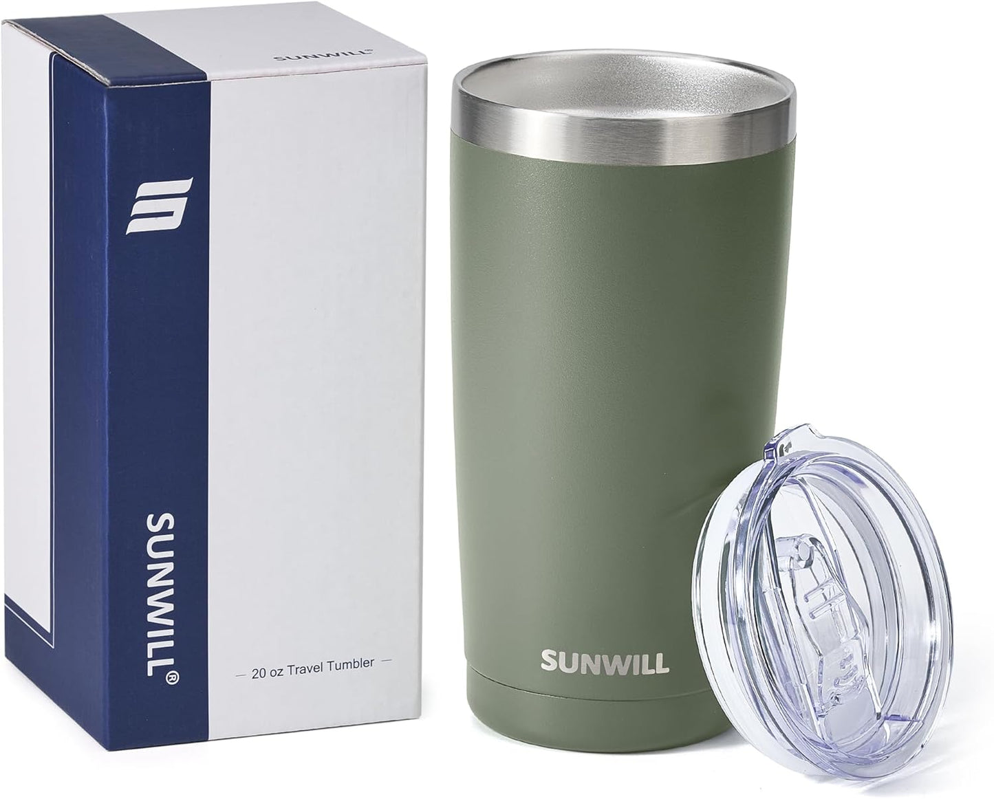 Travel Coffee Tumbler 20 Oz, Insulated Mug with Lid, Stainless Steel Iced Cup for Outdoor, Powder Coated Camp Green
