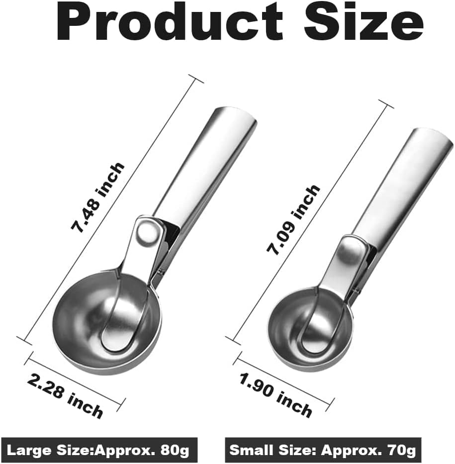 Ice Cream Scoop Set,Portable Stainless Steel Ice Cream Scoop with Trigger and Comfortable Handle,Icecream Scoop Spoon Perfect for DIY Ice Cream,Fruit,Cookie,Dishwasher Safe(2 Pieces)