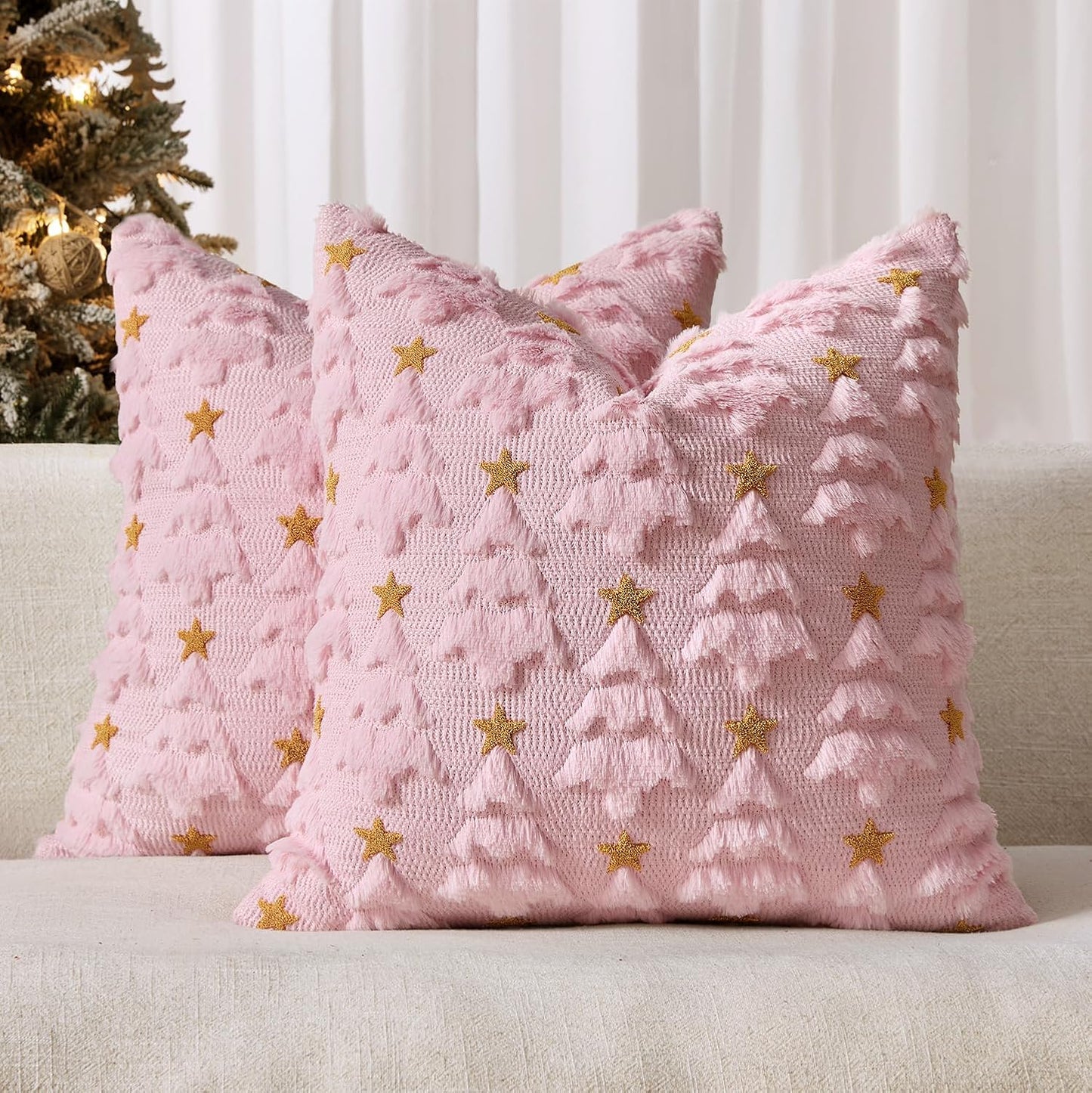 Christmas Pillow Covers 18X18 Inch Set of 2, Pink Christmas Tree Plush Faux Fur Pillowcases Soft Decorative Throw Pillow Cases for Couch Sofa Living Room Winter Xmas Holiday Home Decor