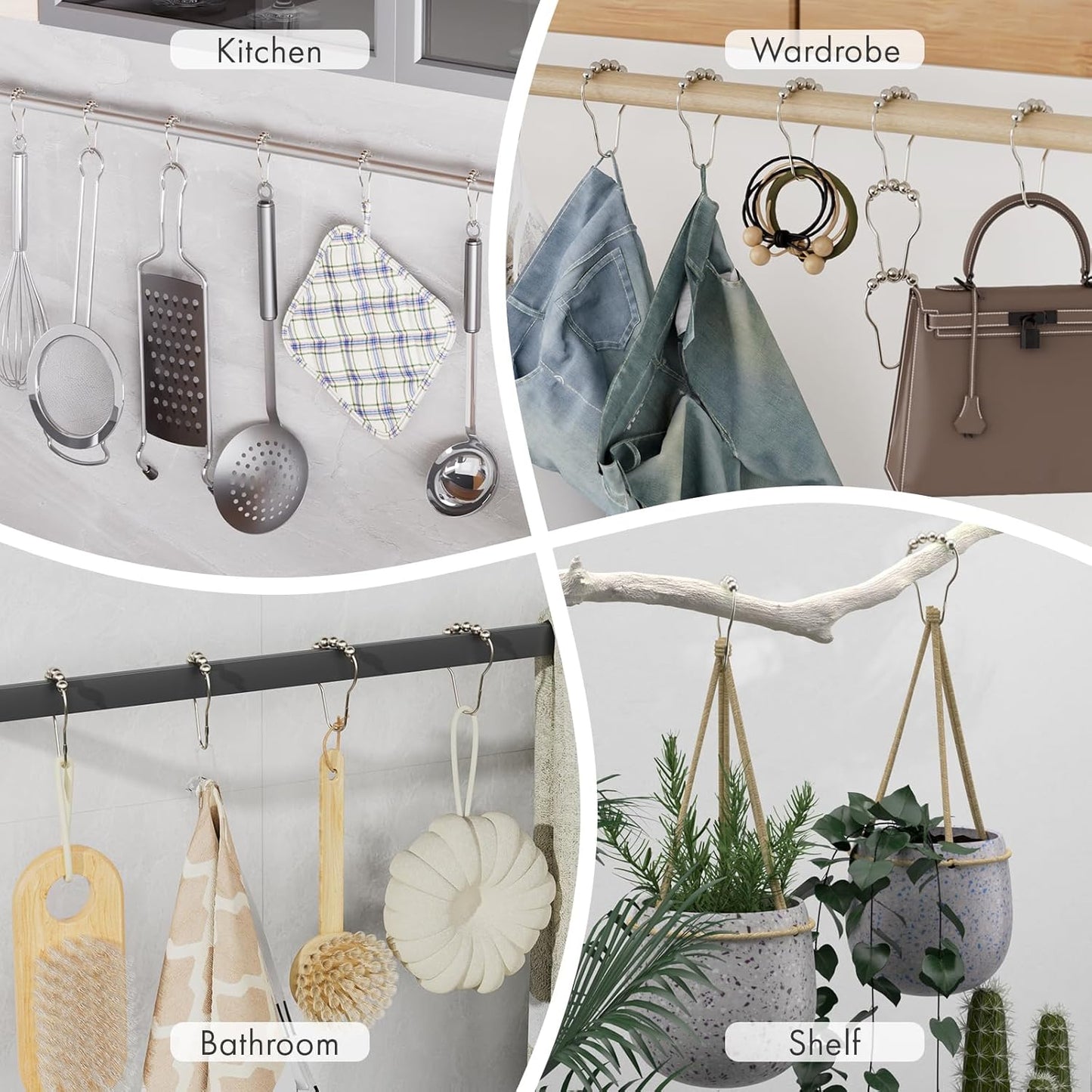 Shower Curtain Hooks, Decorative Rust Proof Stainless Steel Shower Curtain Hooks for Bathroom Shower Rods Set of 12, Polished Nickel