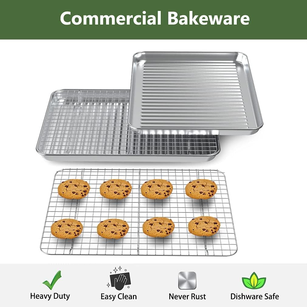 Stainless Steel Baking Sheet and Rack Set (2 Pans + 2 Racks) - Nonstick, Heavy Duty, Warp Resistant, Rust Free, Size 16 x 12 x 1 Inches