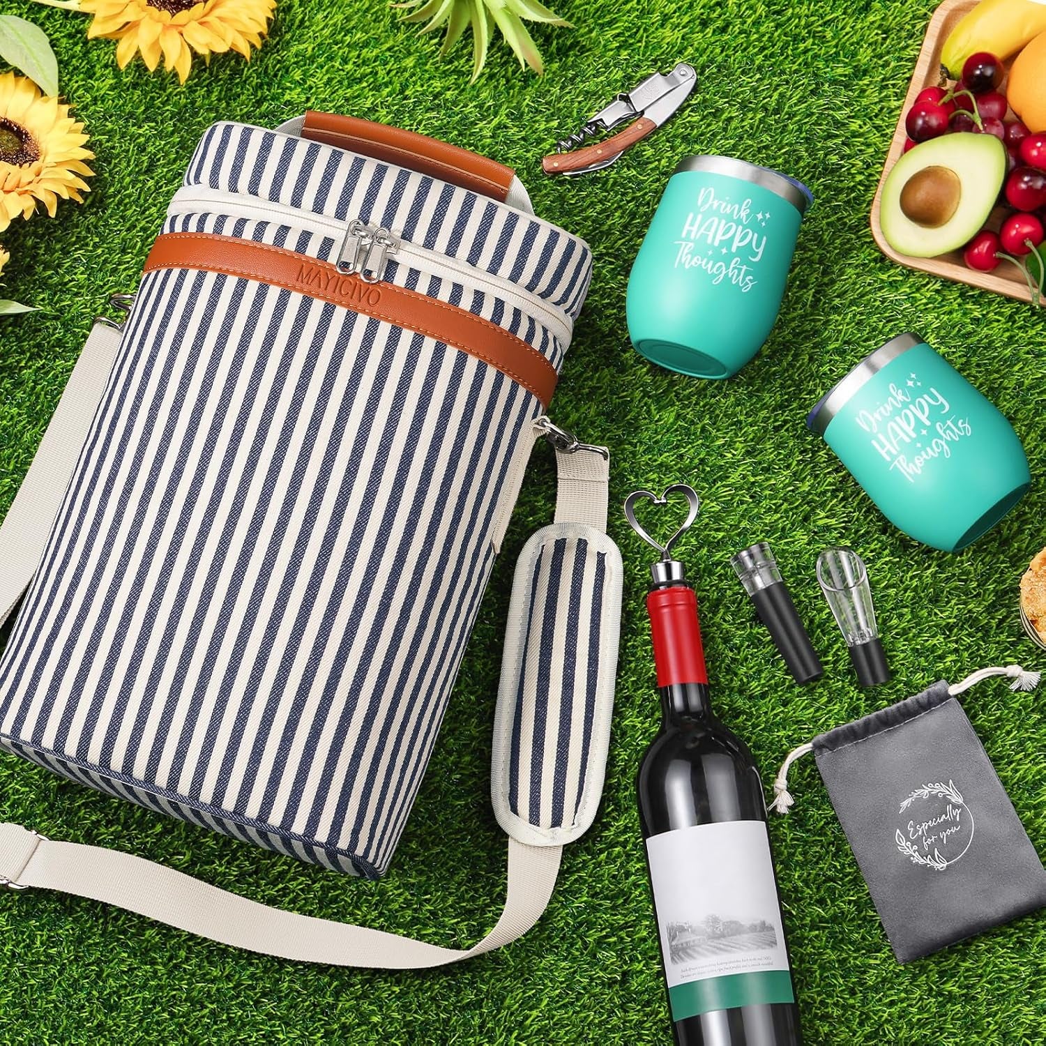 Birthday Gifts for Women Men - Wine Gifts Baskets Mothers Day Gifts for Mom, Women, Friend, Wine Lovers, Self Care Package, Insulated Wine Tote Bag Wine Carrier with Tumblers & Wine Accessories Set