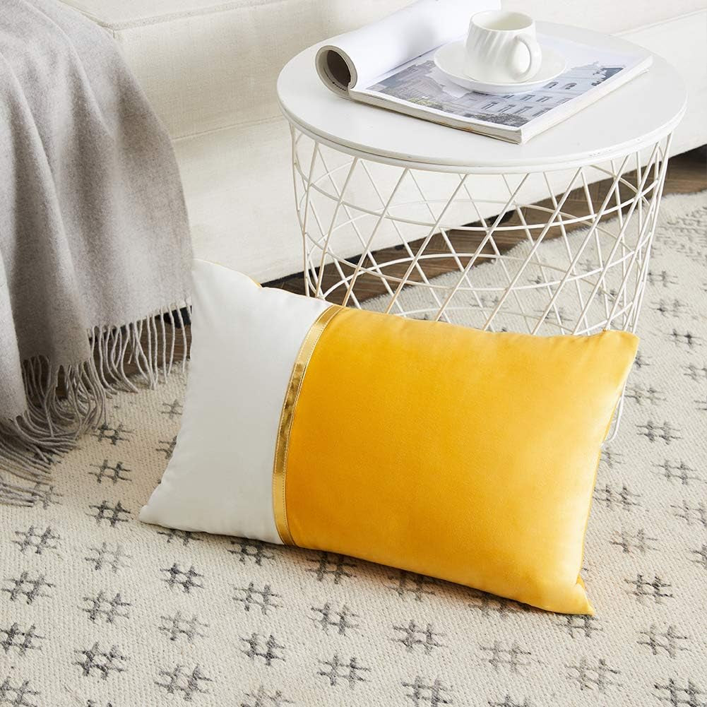 2 Packs Decorative Throw Pillow Covers 12X20 Inch for Living Room Couch Bed, Yellow and White Velvet Patchwork with Gold Leather, Luxury Modern Home Decor, Lumbar Cushion Case 30X50 Cm
