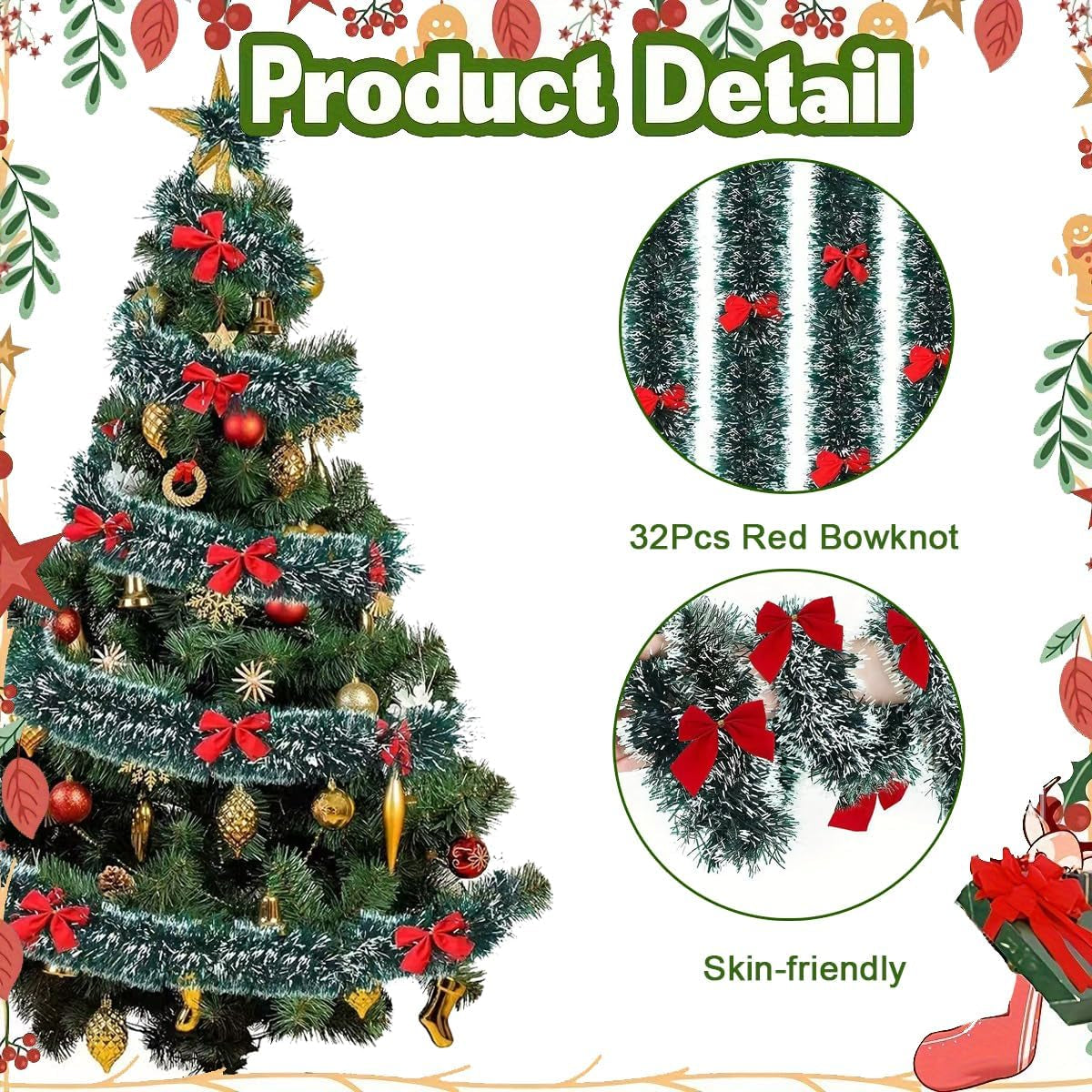 5M Christmas Tinsel Garland Christmas Tree Decorations Silver Foil Tinsel Garland Metallic Hanging Garland for New Year Party Holiday (Green W/Red Bow-16Ft (No Lights))