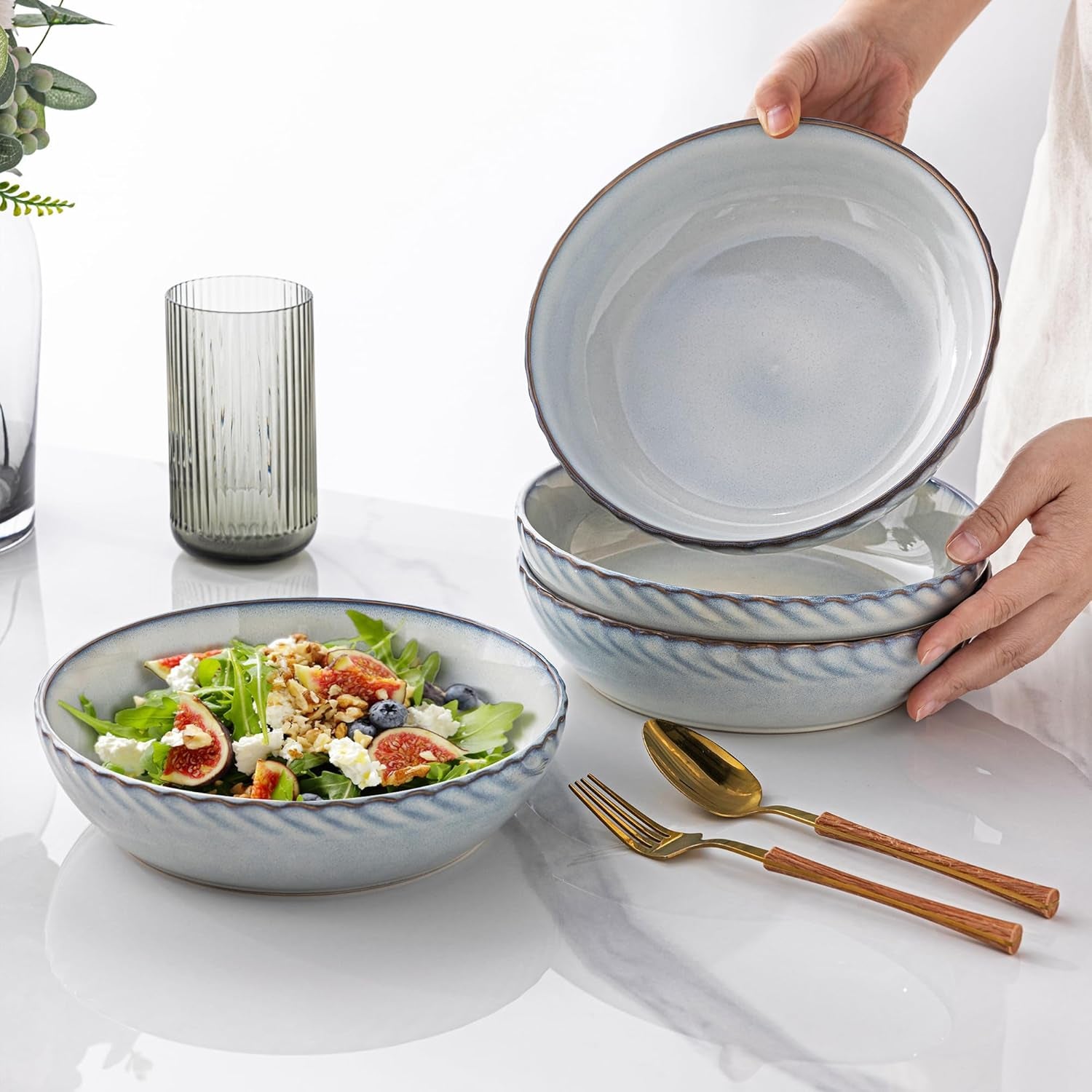Set of 4 Large 8.5'' Stoneware Pasta and Salad Bowls, 38 Ounce Capacity, Textured Ceramic Serving Bowls for Pasta, Fruit, Stews, and Noodles - Ideal Housewarming Gift