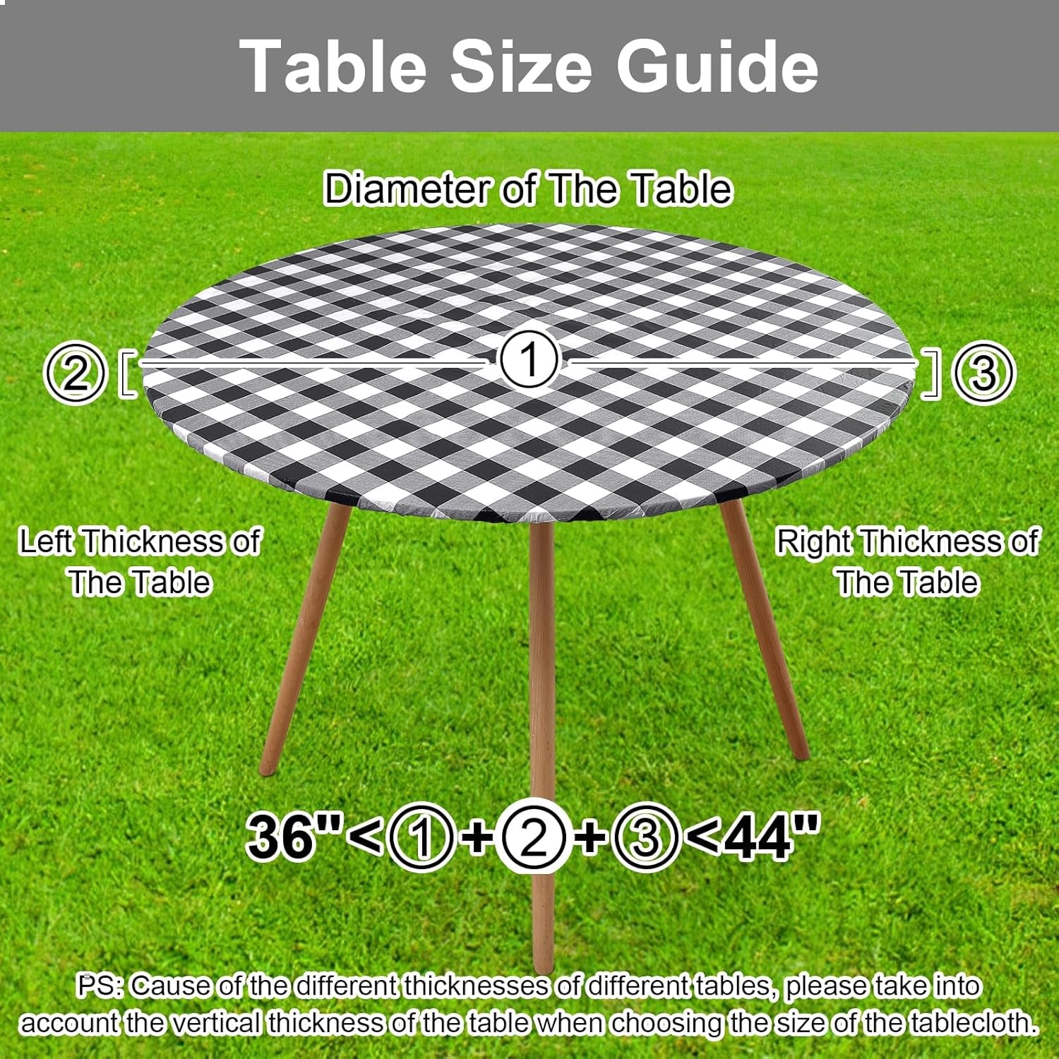 round Picnic Tablecloth, Elastic Waterproof Fitted Vinyl Tablecloths for 36"-44" Tables, Flannel Backed Buffalo Plaid Table Cover for Dining, Camping, Outdoor, Black and White