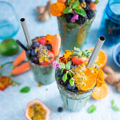 5 Pcs 10" Reusable Bubble Tea & Smoothie Straws, Stainless Steel, Angled Tips, 0.5" Wide, Cleaning Brushes