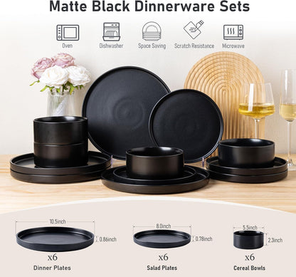 Matte Black Stoneware Dinnerware Set for 6 - Chip and Scratch Resistant, Dishwasher, Microwave, and Oven Safe with Reactive Glaze