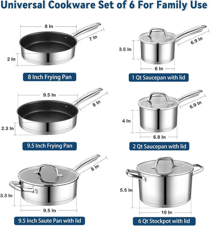 10 Pcs Pots and Pans Sets, Stainless Steel Cookware Set of 6 for Kitchen, Induction Cooking Pot & Saucepans with Glass Lids, Nonstick Frying Pans & Saute Pan