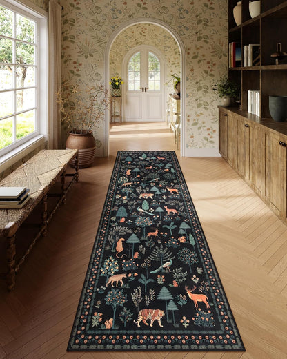 Jungle Kitchen Runner Rug, 2X10 Black Hallway Non Slip Washable Runner Rugs for Entryway, Modern Animal Carpet Non Shedding Mat for Hallway Laundry