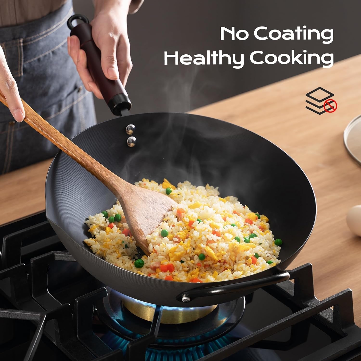 Wok, 13 Inch Carbon Steel Woks & Stir-Fry Pans Nonstick, Pre-Seasoned 5.8QT Flat Bottom Chinese Wok Pan with Lid, Carbon Steel Cookware, Compatible with All Cooktops