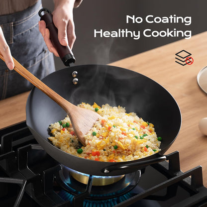 Wok, 13 Inch Carbon Steel Woks & Stir-Fry Pans Nonstick, Pre-Seasoned 5.8QT Flat Bottom Chinese Wok Pan with Lid, Carbon Steel Cookware, Compatible with All Cooktops