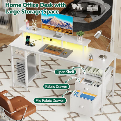 61" Computer Desk with Power Outlet and LED Lights, Reversible Gaming Desk with File Cabinet & Monitor Stand for Home Office, Large Work Table with Storage Shelves & Drawer, White