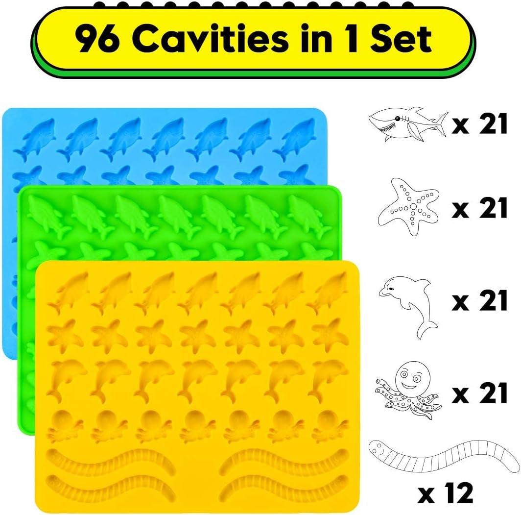 Gummy Molds Hard Candy Molds - Candy Molds Silicone Including Worms, Starfishs, Dolphins, Octopus, Sharks Sea Mold, Pinch Test Approved Pack of 3 Ocean Molds