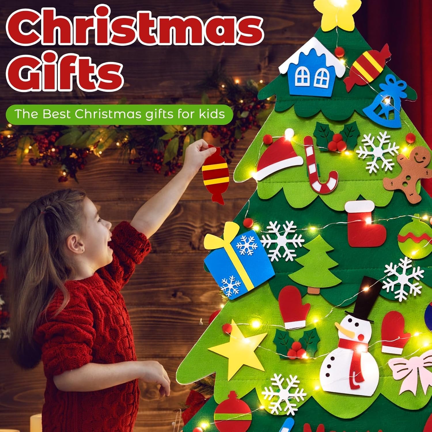 Felt Christmas Tree Set for Toddlers Kids with 3M/9.8Ft Led String Light, 3.2Ft/98Cm Wall Hanging DIY Christmas Tree with 32 Detachable Ornaments for Xmas Home Decoration