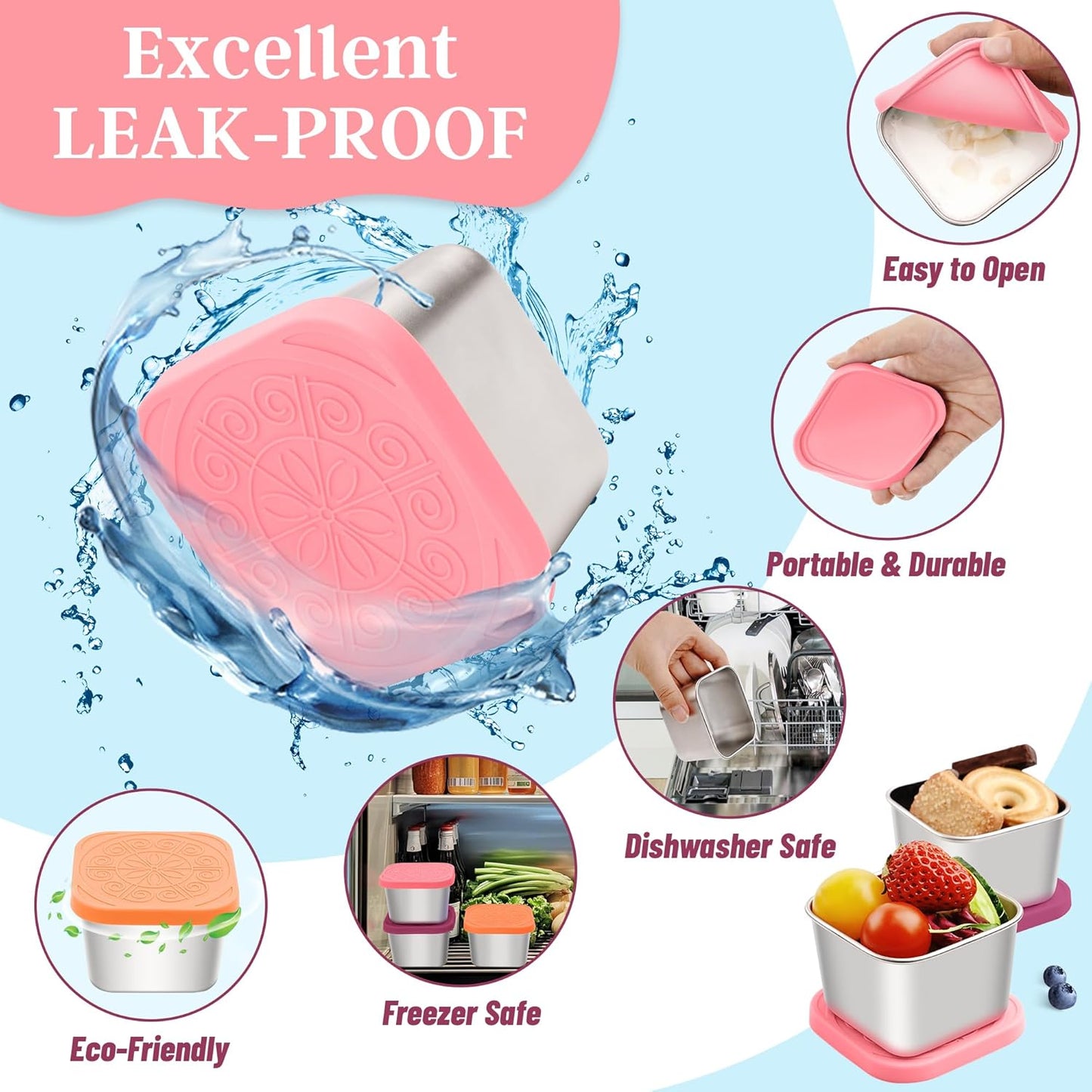 Stainless Steel Snack Containers for Kids,7.2Oz Easy Open Leak Proof Reusable Snack Box Container with Lids,Small Lunch Containers for Meal Prep,School,Picnic and Travel-3Pack