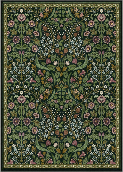 Floral 5X7 Washable Living Room Rugs, Green Area Rugs for Bedroom Rubber Backed, Botanical Thin Stain-Resistant Carpet for Dining Room, Guestroom, Kids Room