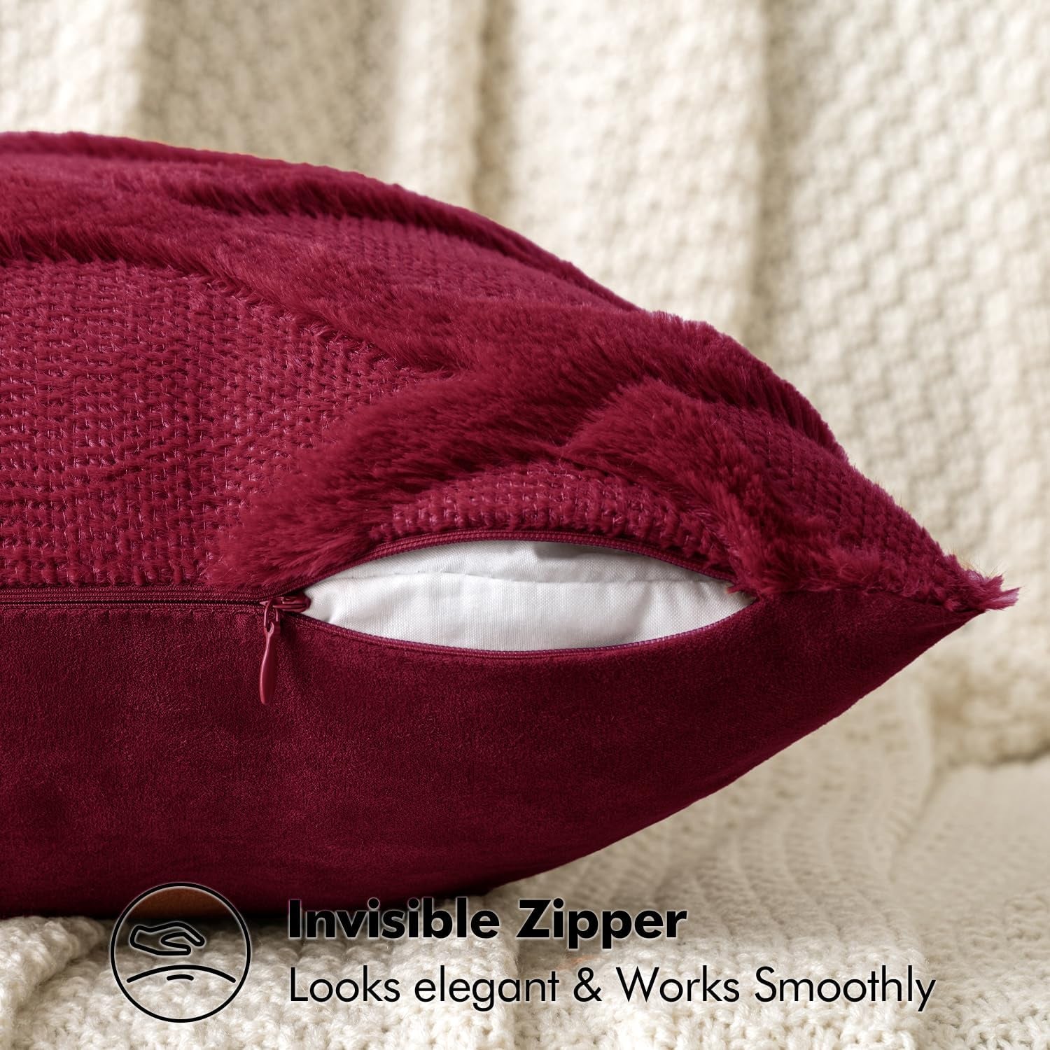 Christmas Decorative Throw Pillow Covers Burgundy 18X18 Inch Set of 2, Winter Soft Plush Faux Wool Couch Cushion Covers Farmhouse Throw Pillows for Couch Bed Sofa Living Room