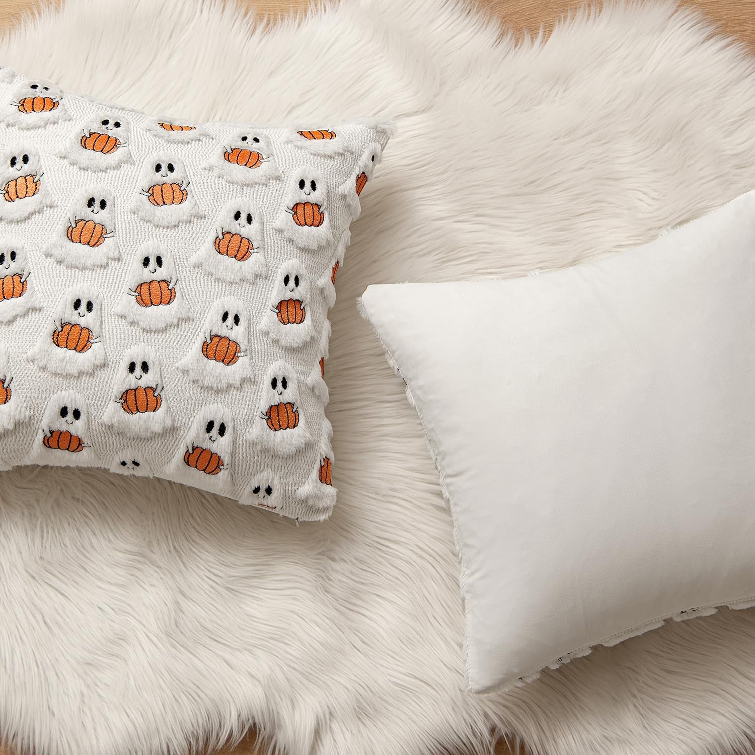 Halloween Pillow Covers Decorative Fall Cute Ghost Plush Faux Fur Pillows 18X18 Inch Set of 2 Soft Pumpkin Accents for Sofa Couch Bed Living Room Festive Home Decor, White Bright Orange