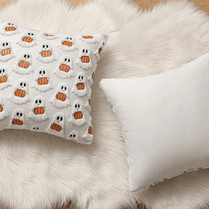 Halloween Pillow Covers Decorative Fall Cute Ghost Plush Faux Fur Pillows 18X18 Inch Set of 2 Soft Pumpkin Accents for Sofa Couch Bed Living Room Festive Home Decor, White Bright Orange