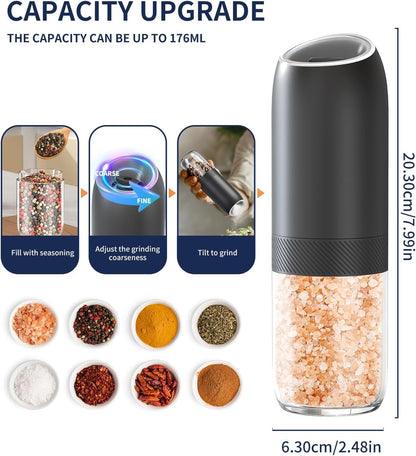 Gravity Electric Salt and Pepper Grinder Set Battery Powered Automatic Pepper Mill Grinders with 176Ml Container, Adjustable Coarseness, Bright LED Light and One Hand Operation, Black