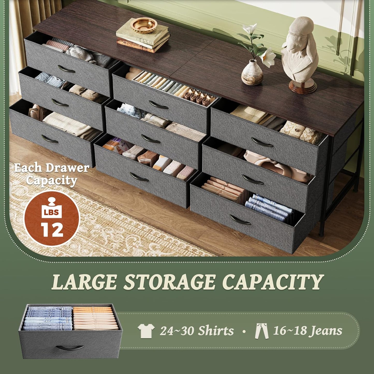 63-Inch Bedroom Dresser with 9 Drawers, Versatile Entertainment Center for 55-70 Inch TVs, Walnut and Dark Grey Finish