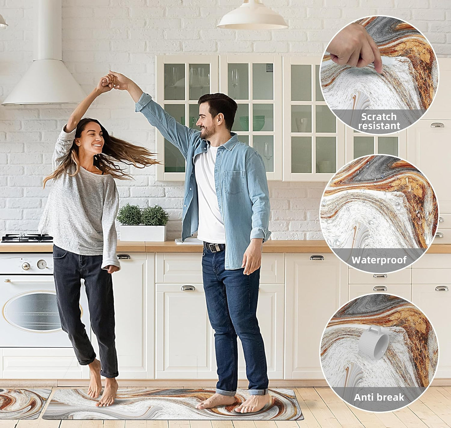 Kitchen Mats for Floor anti Fatigue Floor Marble Cushioned Memory Foam Non Slip PVC Leather Padded Comfort Standing Rugs Set of 2, 17.3X28+17.3X47 Inch,0.4 Inch Thick