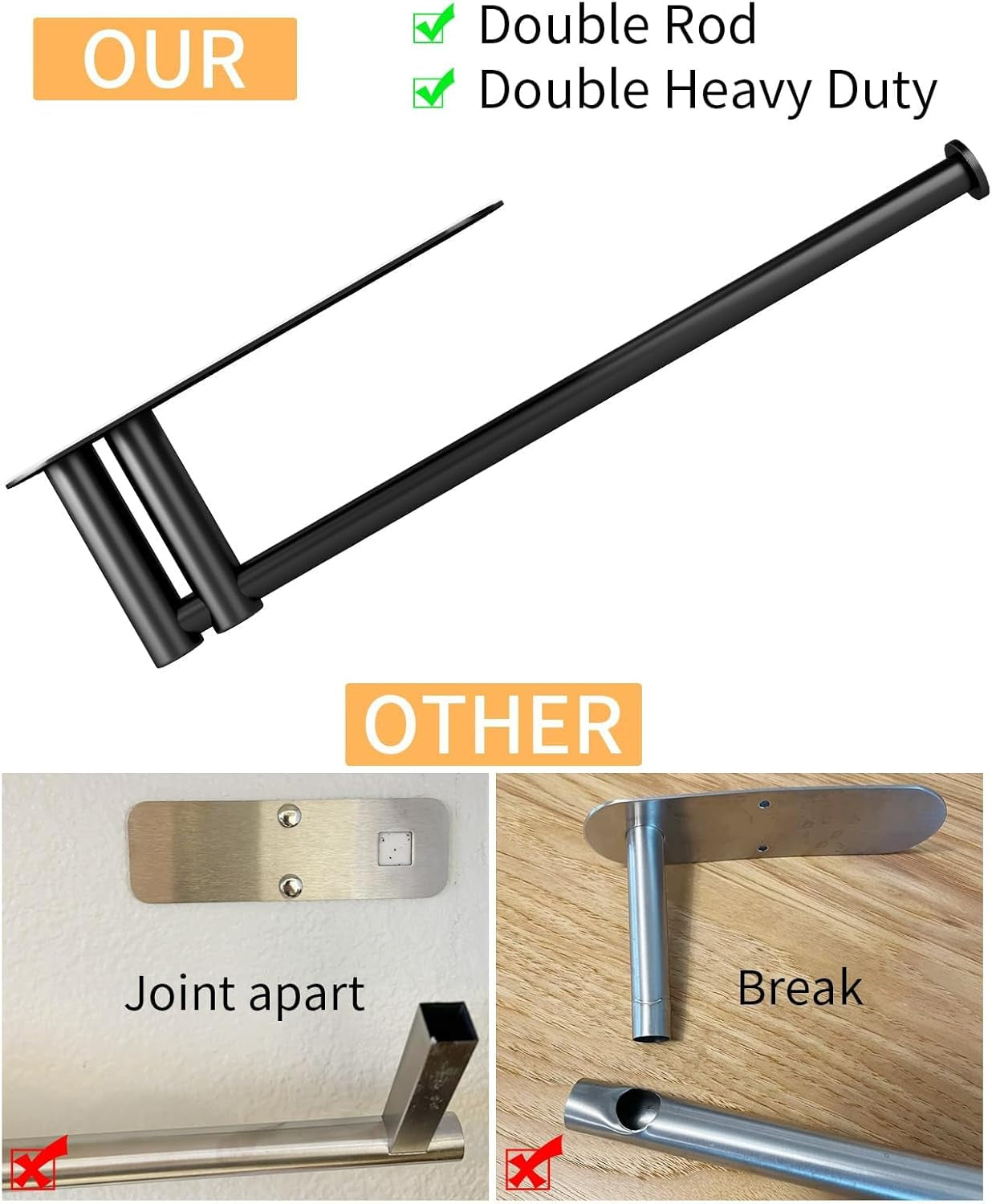 Paper Towel Holder under Cabinet, 13Inch Self-Adhesive or Wall Mount Paper Towel Holder for Kitchen, Bathroom, RV, Stainless Steel Black Paper Towel Holder under Counter or inside Cabinet
