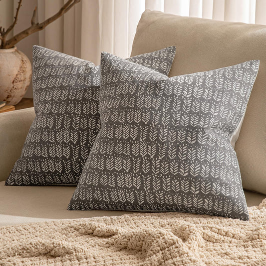 Set of 2 Neutral Boho Farmhouse Throw Pillow Covers 18X18 Inch Light Taupe Vintage Accent Floral Cotton Linen Pillowcases for Couch Bed Living Home Decor