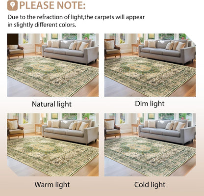 6X9 Area Rugs Machine Washable No Pile Non Slip Vintage Rugs for Living Room&Bedroom&Dinning Room Bohemian Distressed Carpet Indoor,Green/Teal/Multi