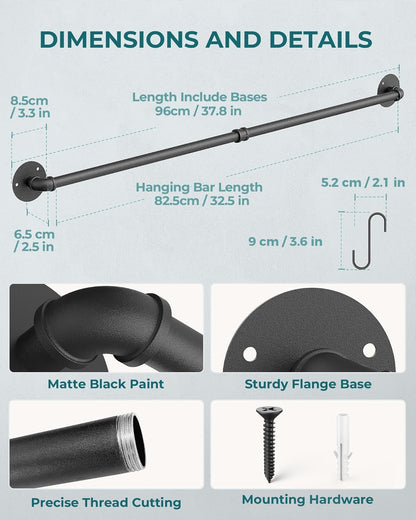 38 Inch Pot Bar Rack Wall Mounted Detachable Pans Hanging Rail Kitchen Lids Utensils Hanger with 14 S Hooks Black