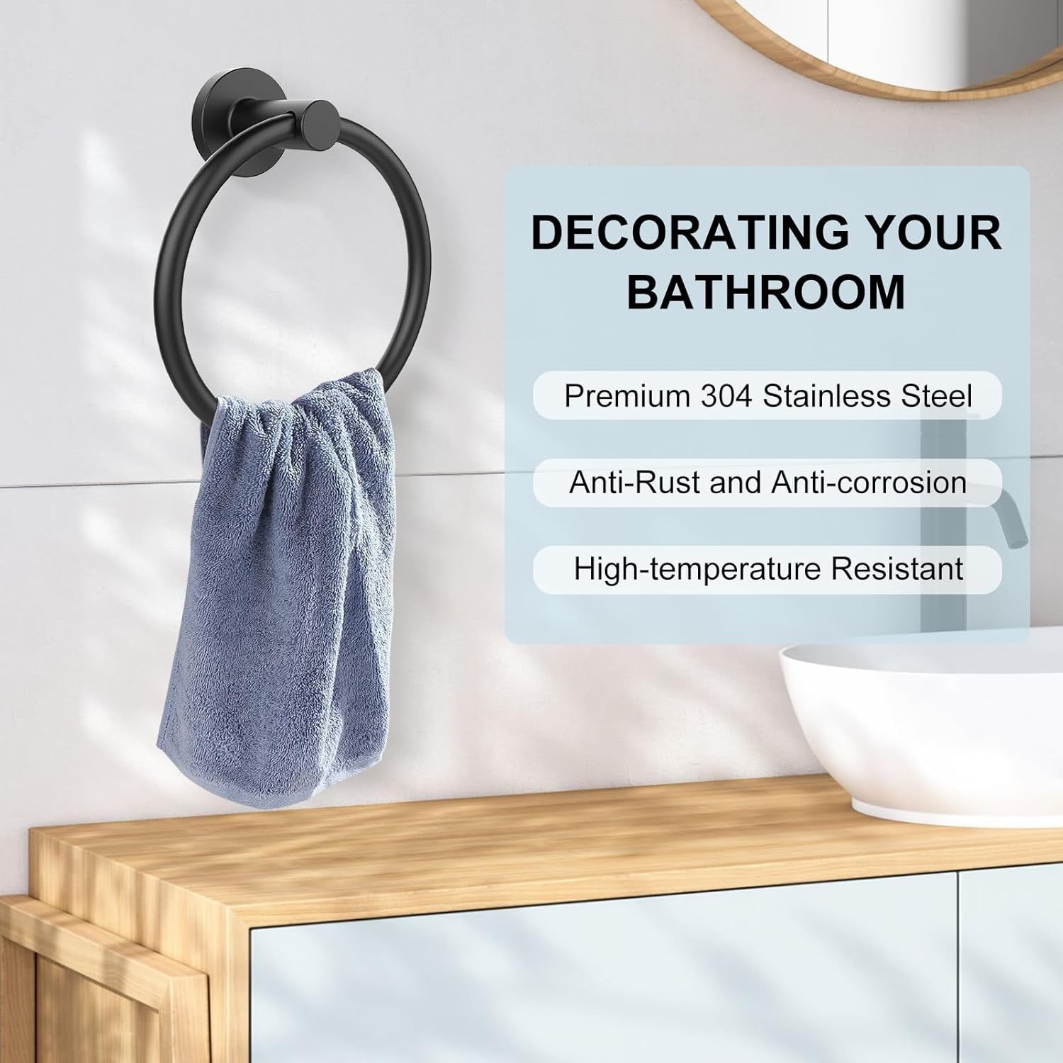 Towel Holder for Bathroom Wall Matte Black Stainless Steel Bathroom Accessories Set Includes Towel Ring and Toilet Paper Holder, Drill Hole