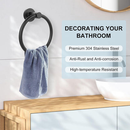 Towel Holder for Bathroom Wall Matte Black Stainless Steel Bathroom Accessories Set Includes Towel Ring and Toilet Paper Holder, Drill Hole